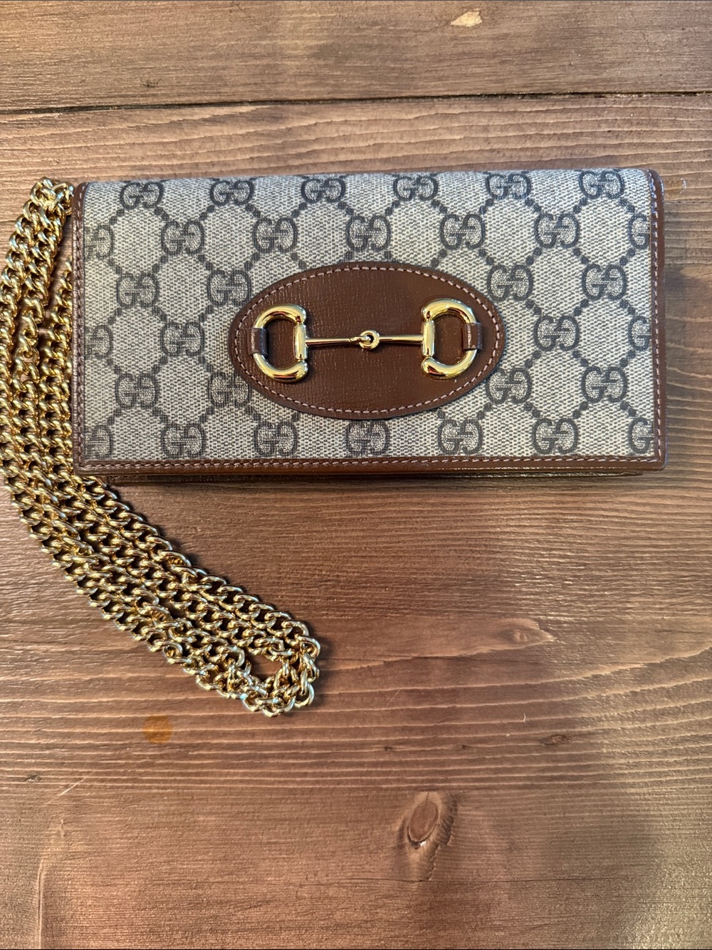 Gucci Beige GG Supreme Canvas Brown Leather wallet on chain